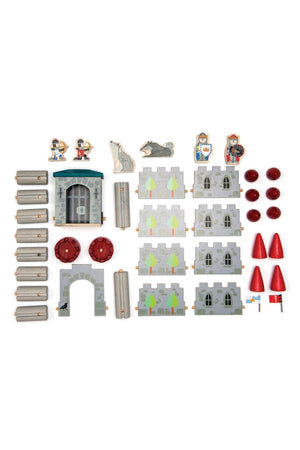 A colorful assortment of wooden castle building pieces, including soldiers, walls, trees, and accessories, arranged neatly on a white background.
