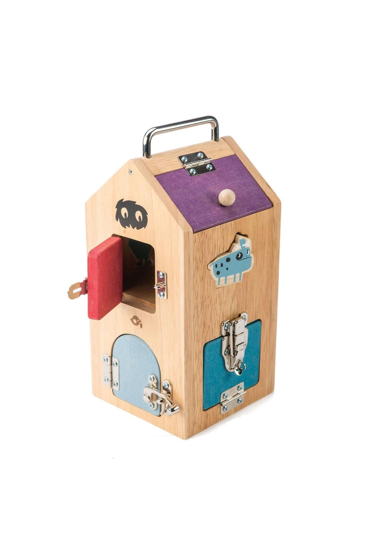 A wooden monster lock box featuring eight colorful doors with various locking mechanisms, designed for imaginative play and problem-solving.