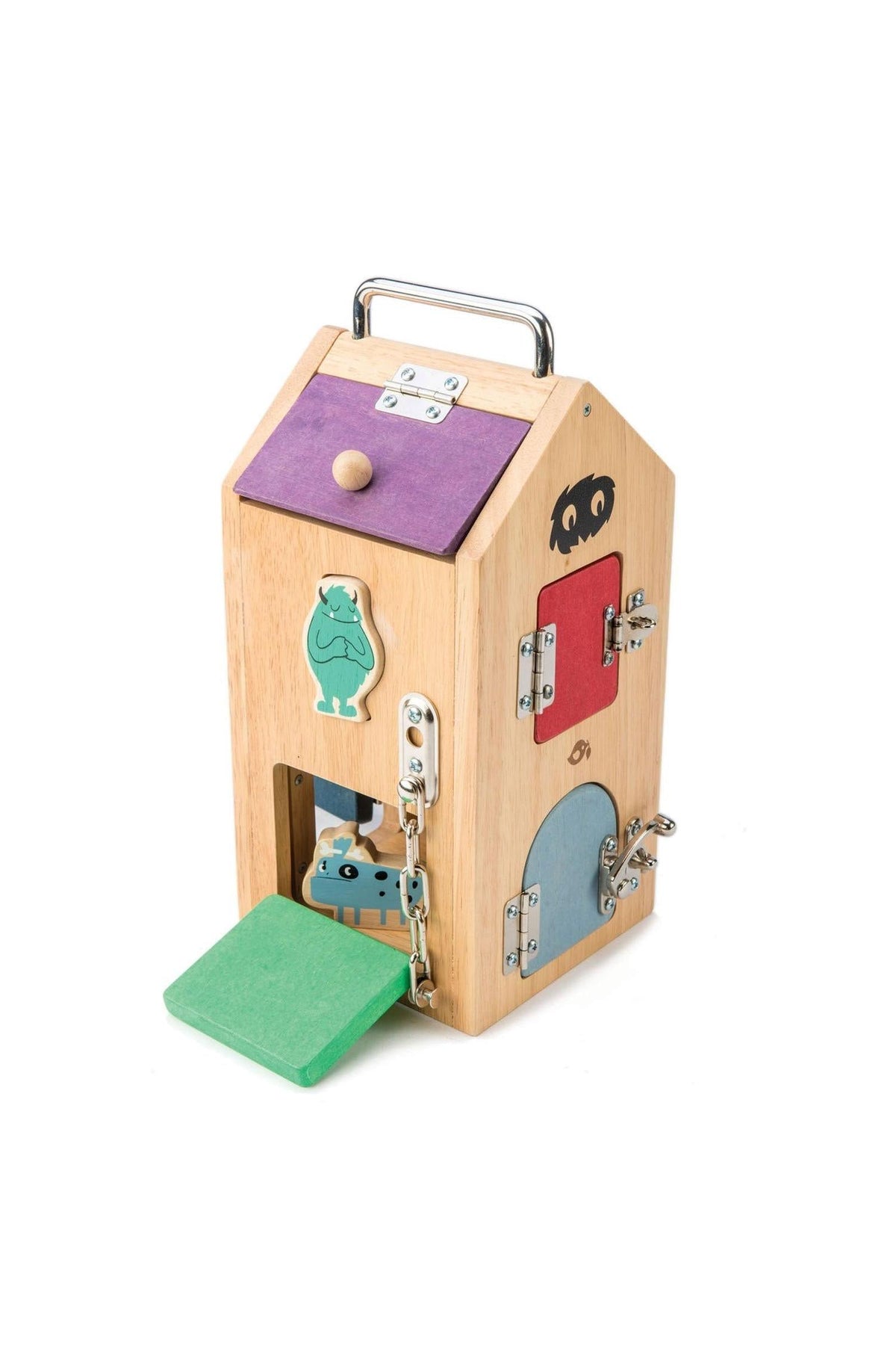 Tender Leaf Wooden Toys Monster Lock Box features a wooden construction with colorful doors, encouraging imaginative play and problem-solving skills.