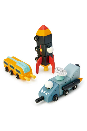Three colorful wooden toy vehicles, including a rocket, train, and futuristic car, designed for imaginative play and creative assembly.
