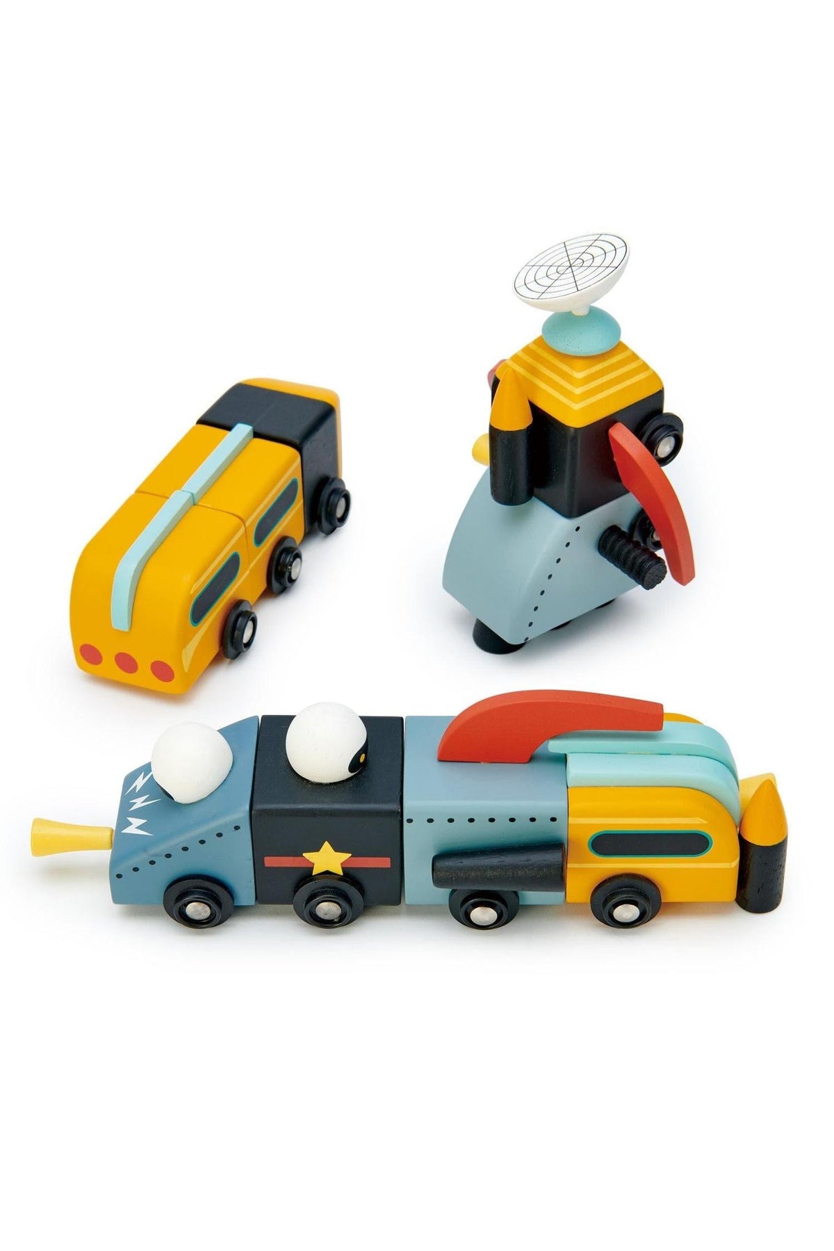 Colorful wooden toy vehicles include a train, helicopter, and bus, designed for imaginative play and easy assembly.