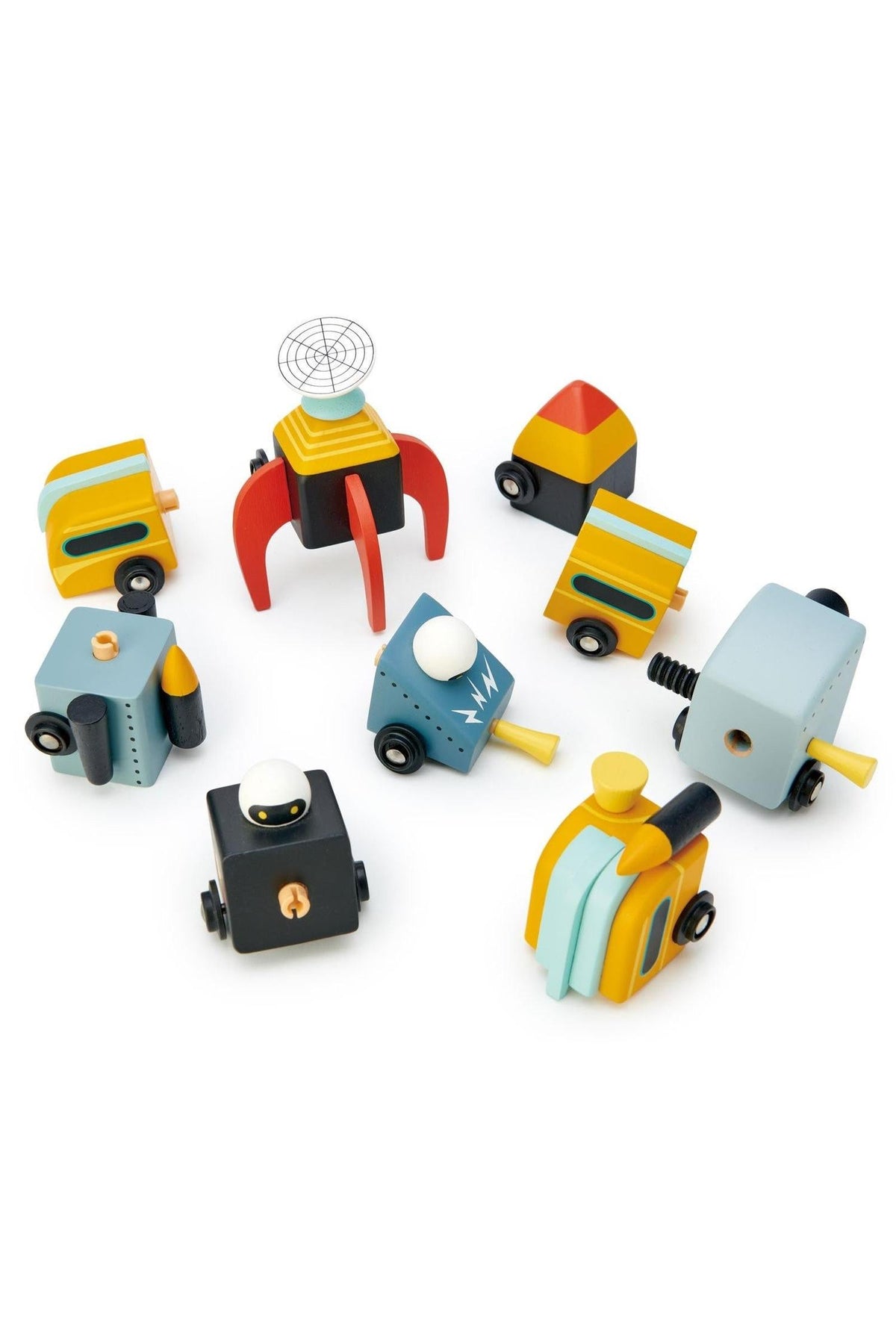 Colorful wooden toy vehicles in various shapes, designed for imaginative play; suitable for children and made from sustainable materials.