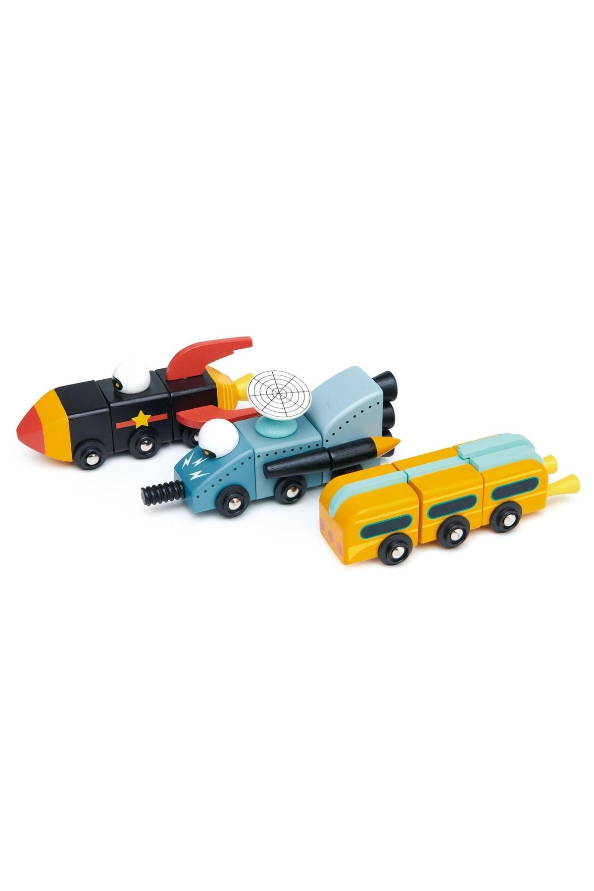 Three colorful wooden space vehicles in blue, yellow, and black, designed for imaginative play and easy assembly.