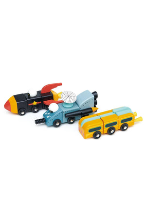 Three colorful wooden space vehicles in blue, yellow, and black, designed for imaginative play and easy assembly.