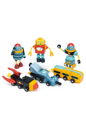 Colorful wooden toy vehicles and robot figures arranged playfully, showcasing a sustainable design ideal for imaginative play. Perfect for kids.