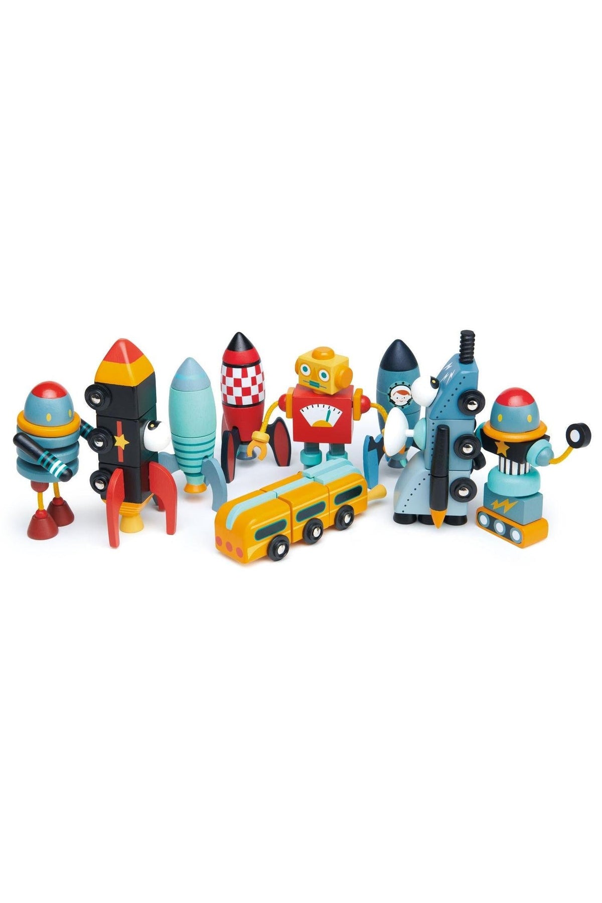 Colorful wooden toy rockets and robots displayed together, showcasing vibrant designs and imaginative shapes, perfect for creative play.