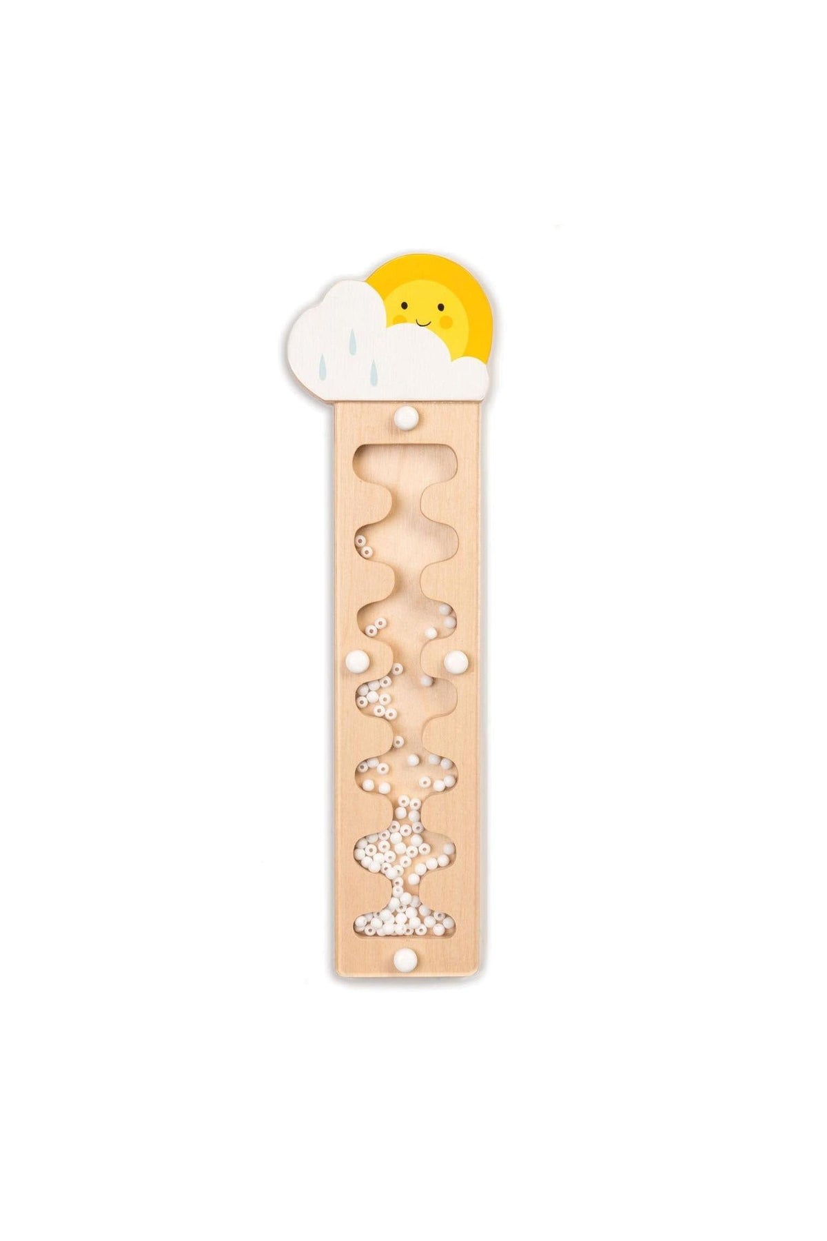 Wooden rainmaker toy with white beads, featuring a smiling sun and cloud design on top. Suitable for toddlers.