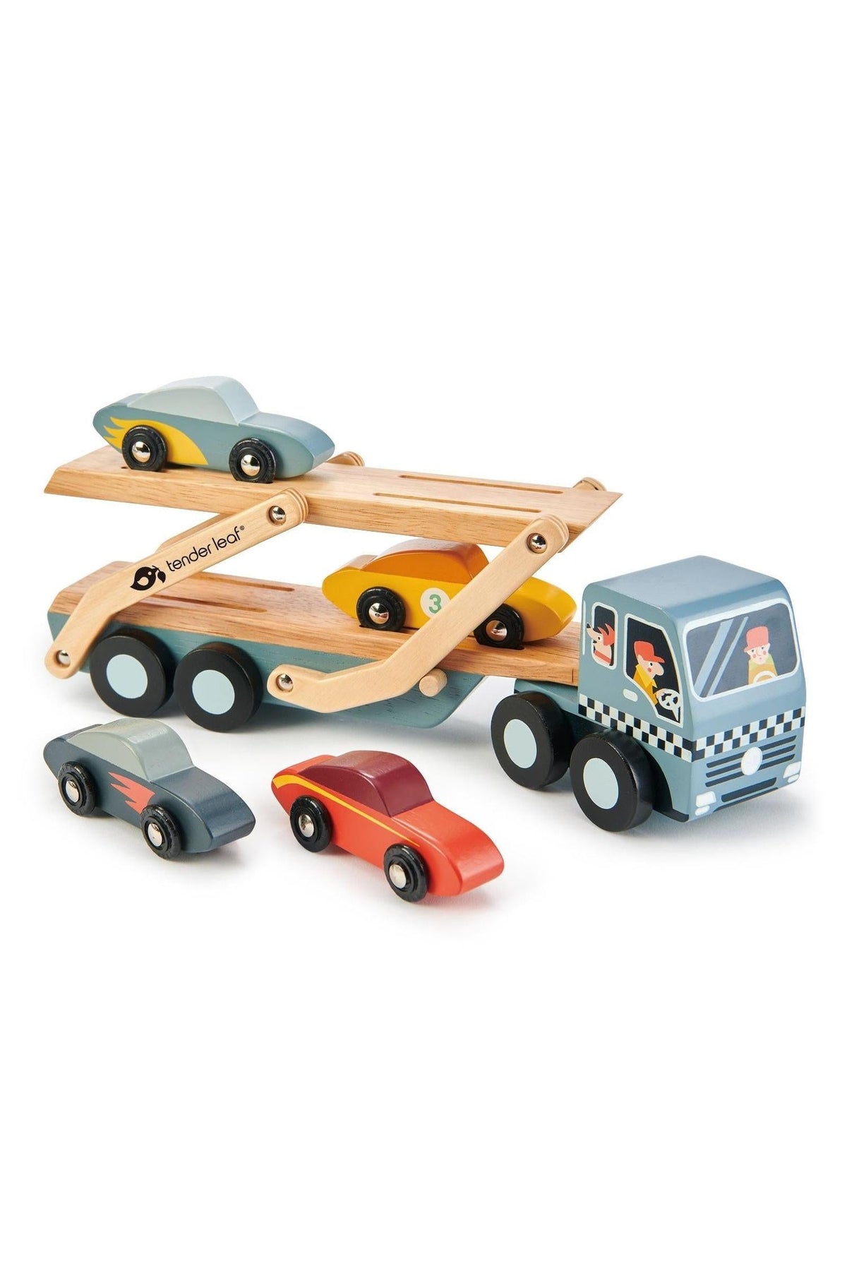 A colorful wooden car transporter by Tender Leaf features a detachable carrier and four stylish toy cars, showcasing a playful design suitable for children aged three and up.
