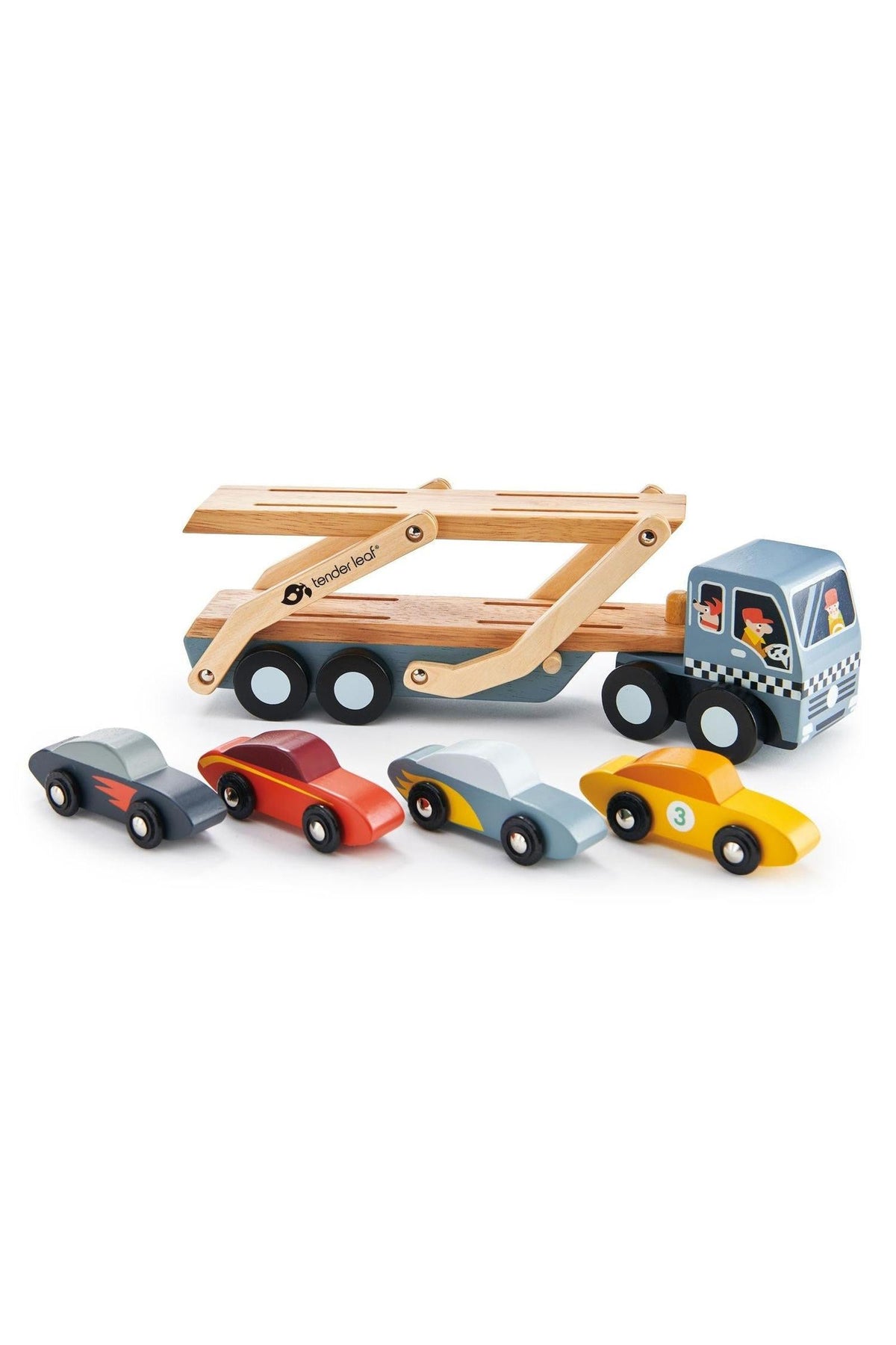 A wooden car transporter toy from Tender Leaf features a detachable carrier and four colorful super cars.
