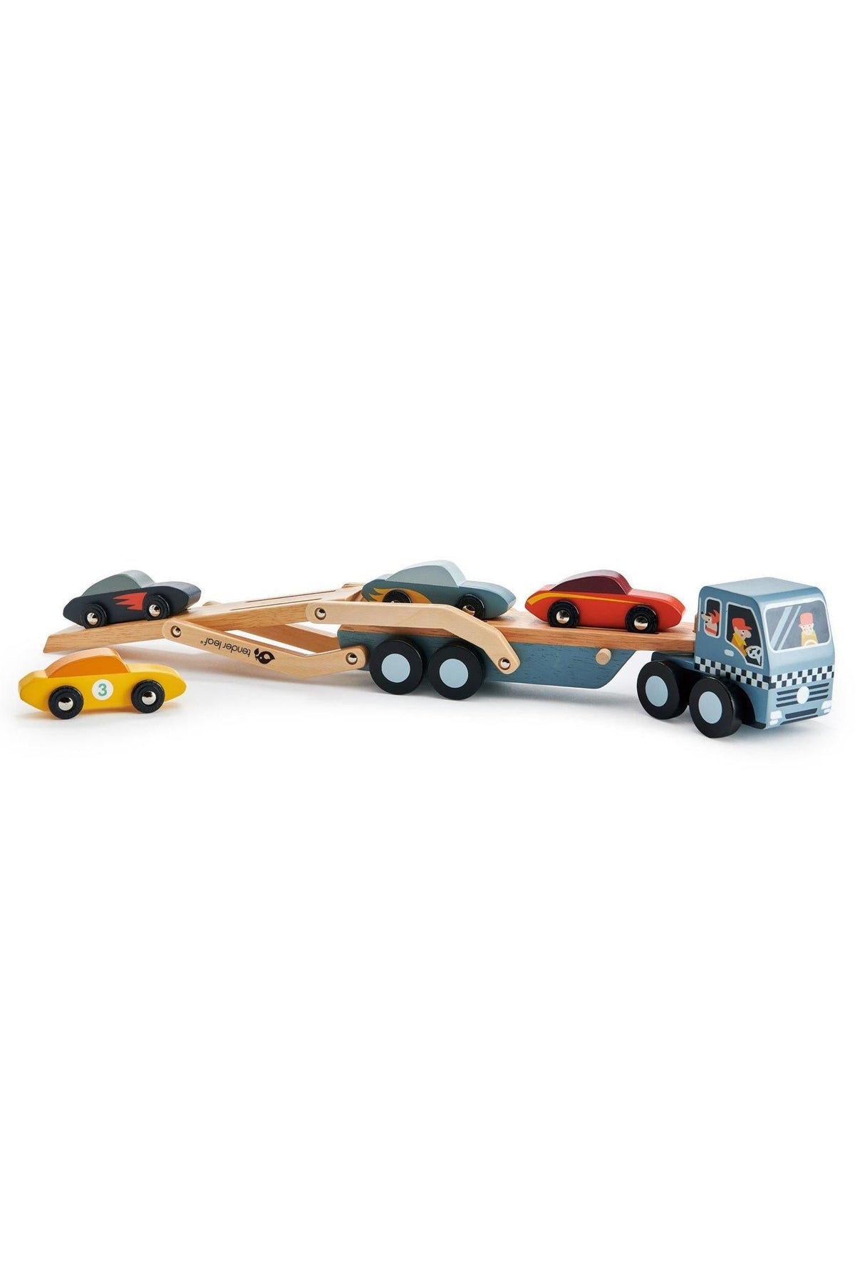 A wooden car transporter from Tender Leaf Toys features a carrier with stylish super cars and a lift-down ramp. Its designed for children aged 3 years and older.