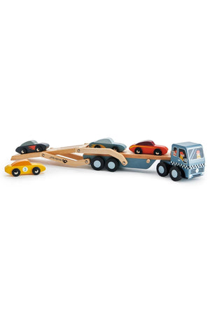 A wooden car transporter from Tender Leaf Toys features a carrier with stylish super cars and a lift-down ramp. Its designed for children aged 3 years and older.