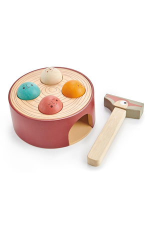 A colorful wooden hammer game features four smiling balls, a round base, and a charming woodpecker-shaped hammer. Ideal for toddlers.