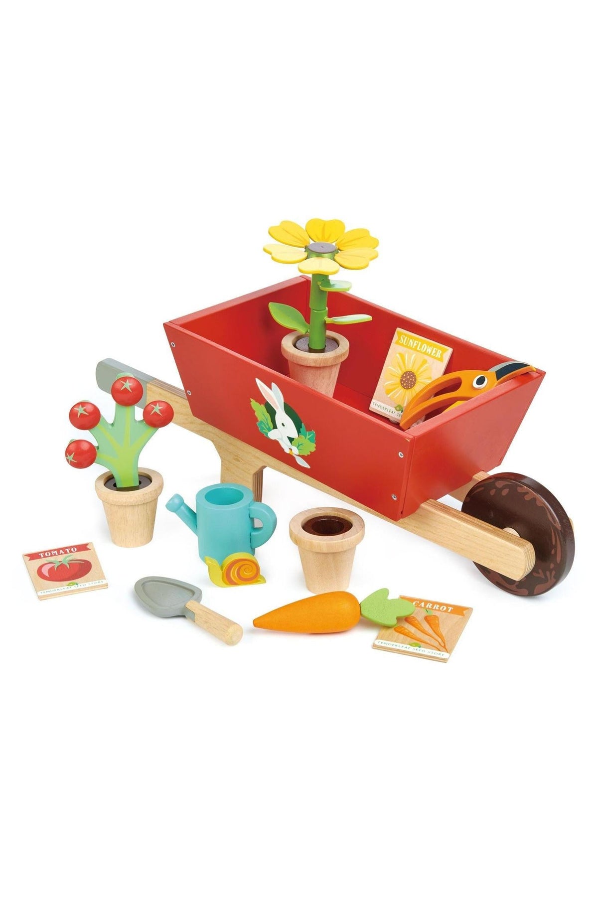 Bright red wooden wheelbarrow set with flower and vegetable pots, seed packets, a watering can, and gardening tools for kids.