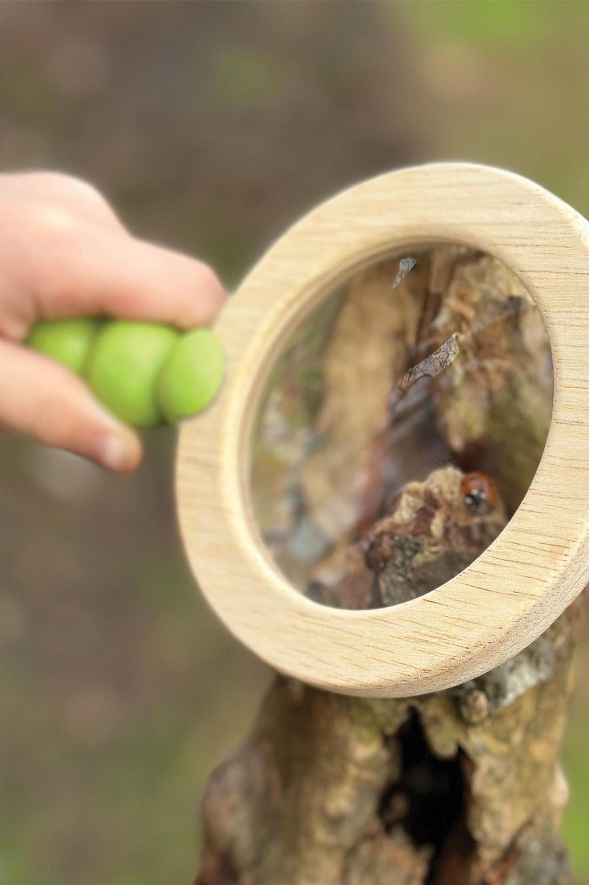 A child holds a wooden magnifying glass with a green handle, focusing on a tree bark. The natural setting highlights the exploration of nature, encouraging curiosity and outdoor play.