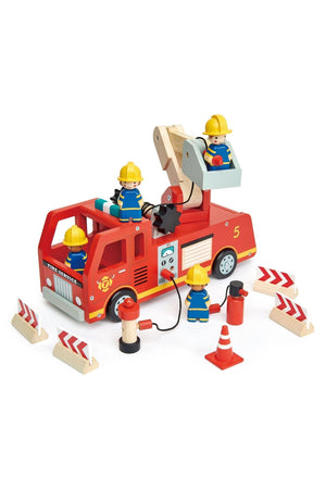 A colorful wooden fire engine with movable parts, featuring three firefighter figures and safety cones, designed for imaginative play.