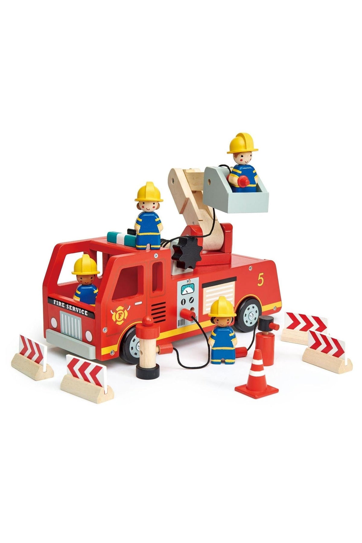 A vibrant red wooden fire engine toy features extendable ladder and four firefighter figures, crafted from sustainable materials for safe.