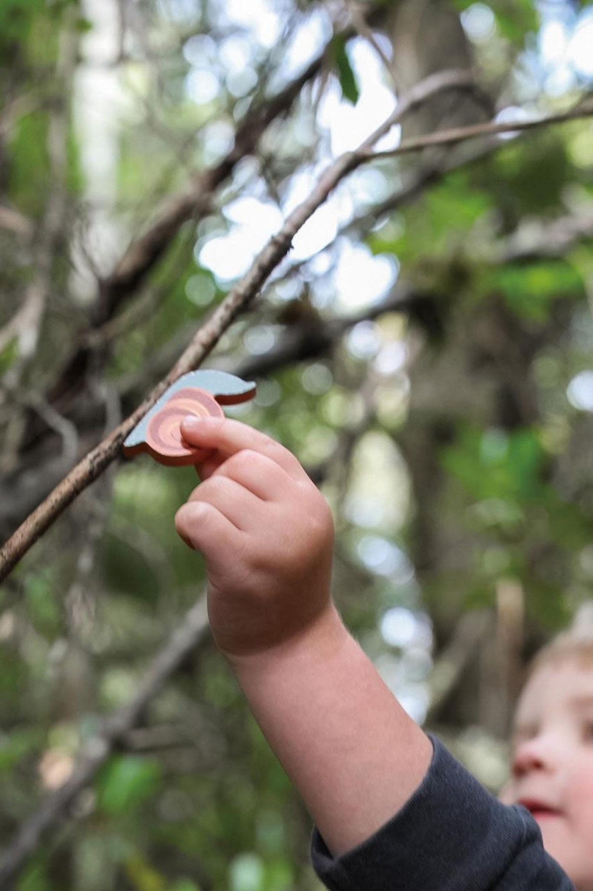 A child’s hand reaches out to touch a wooden toy in a natural setting, surrounded by green foliage. The toy is crafted from sustainable materials, encouraging imaginative play.