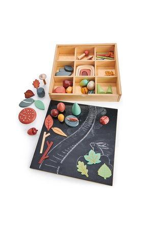 A wooden tinker tray from Tender Leaf Toys features colorful, organic-shaped pieces resembling leaves, mushrooms, and stones. The reversible lid serves as a chalkboard for creative play.