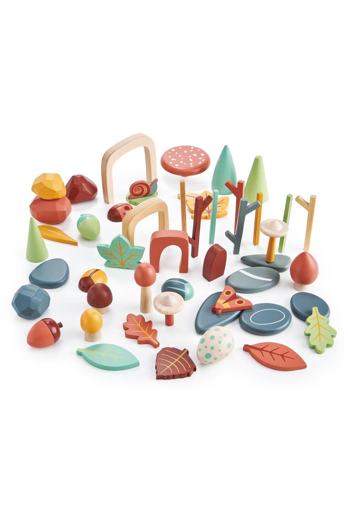 A vibrant assortment of wooden play pieces in various shapes and colors, including trees, leaves, and stones, perfect for imaginative play and creative sorting. Ideal for young children.