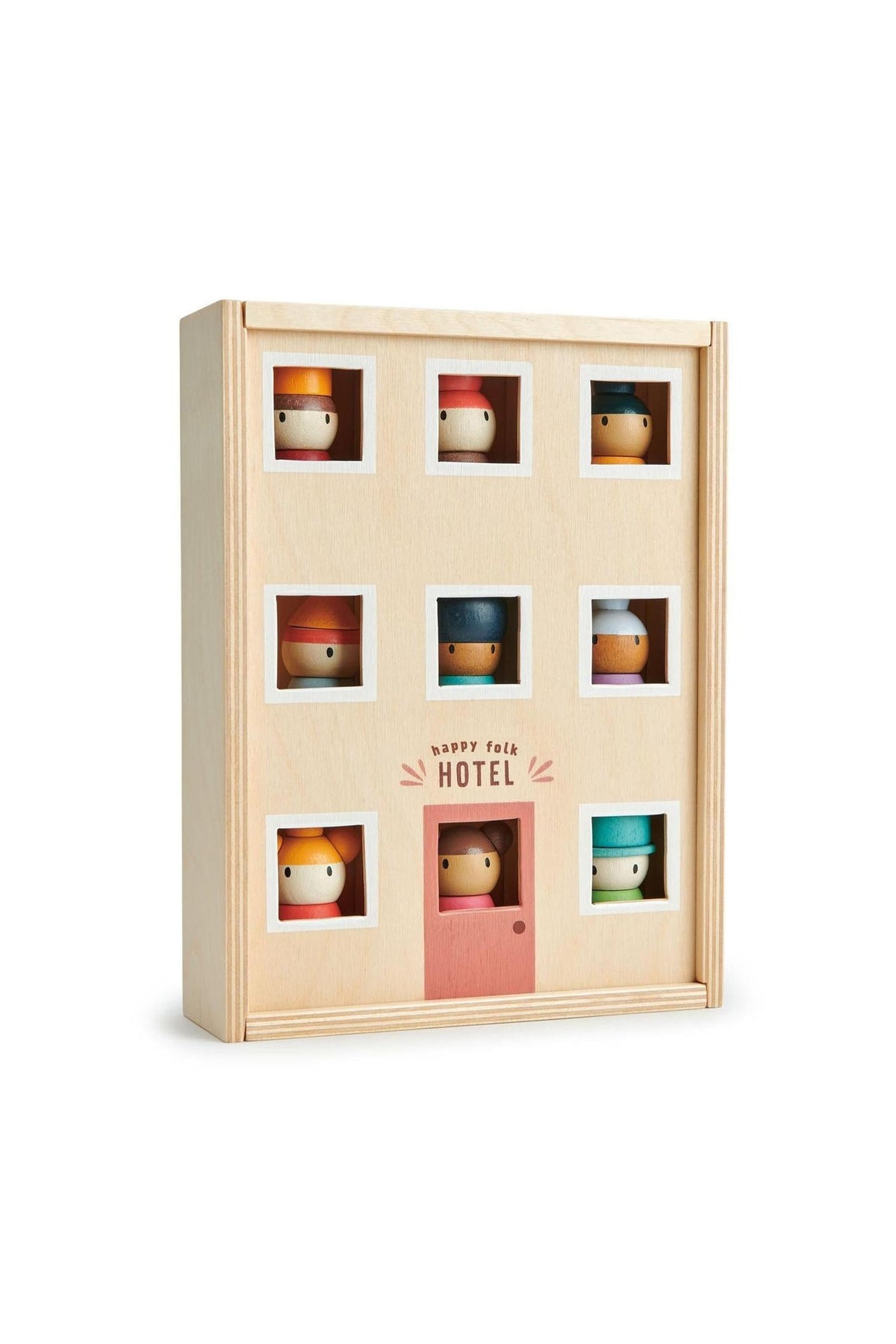 A wooden hotel toy features colorful, smiling characters peeking through square windows, promoting imaginative play for children.