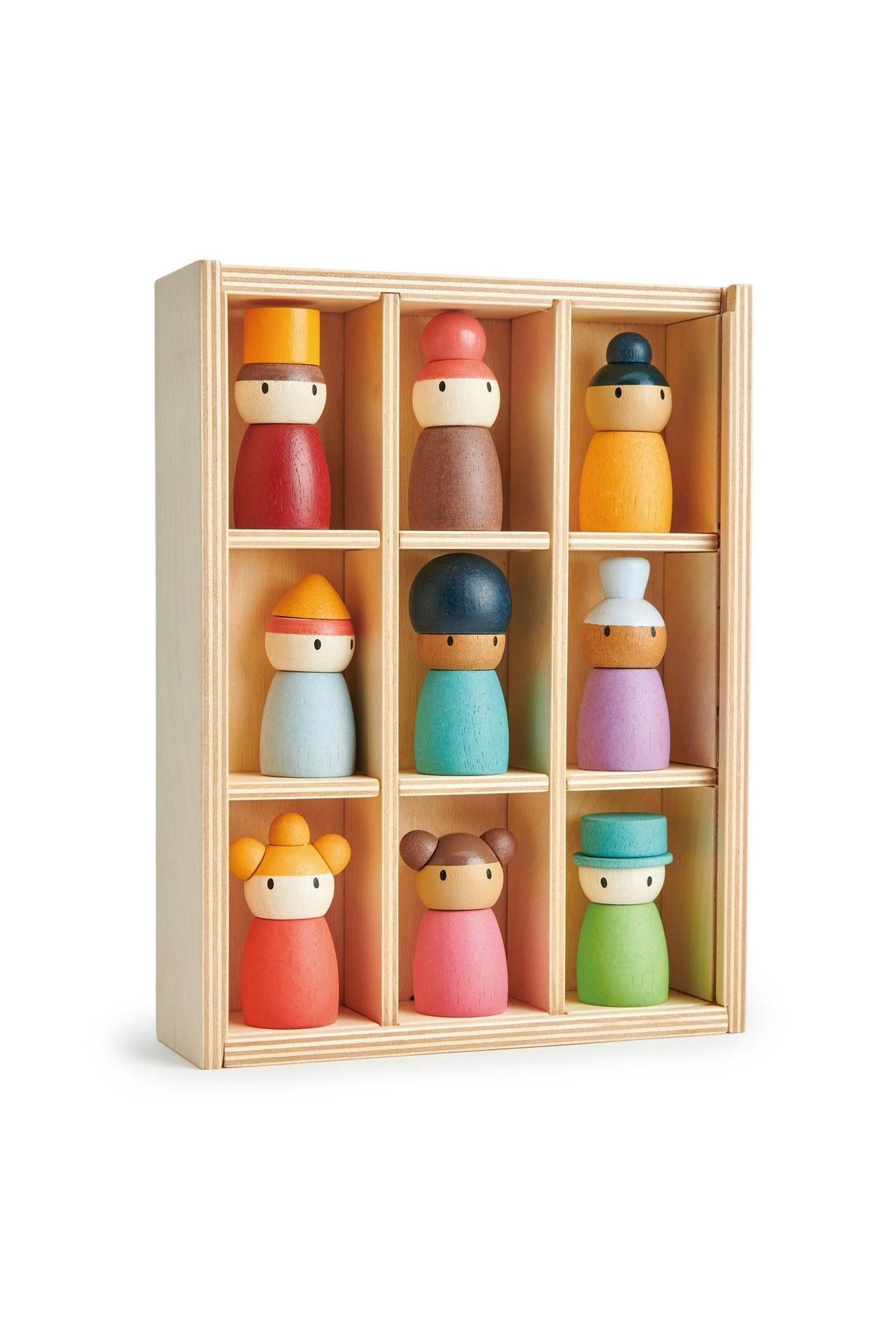 A wooden display holds nine colorful, handcrafted figures, each with distinct hats and facial features, crafted from sustainable materials.