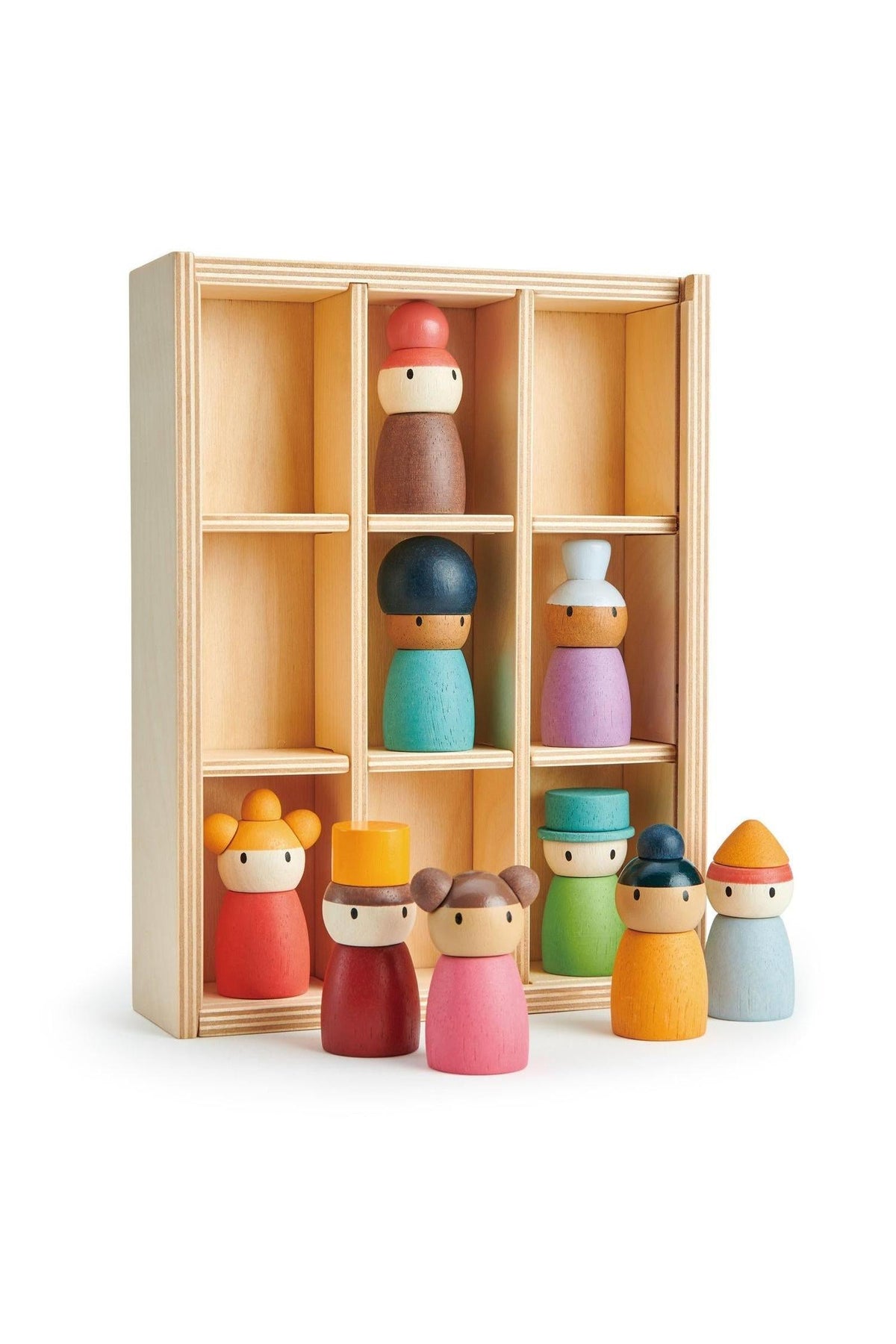 A collection of colorful wooden figures in a wooden display, featuring various characters with distinct hats and expressions.