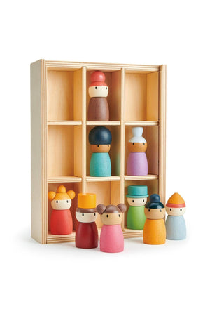 A collection of colorful wooden figures in a wooden display, featuring various characters with distinct hats and expressions.