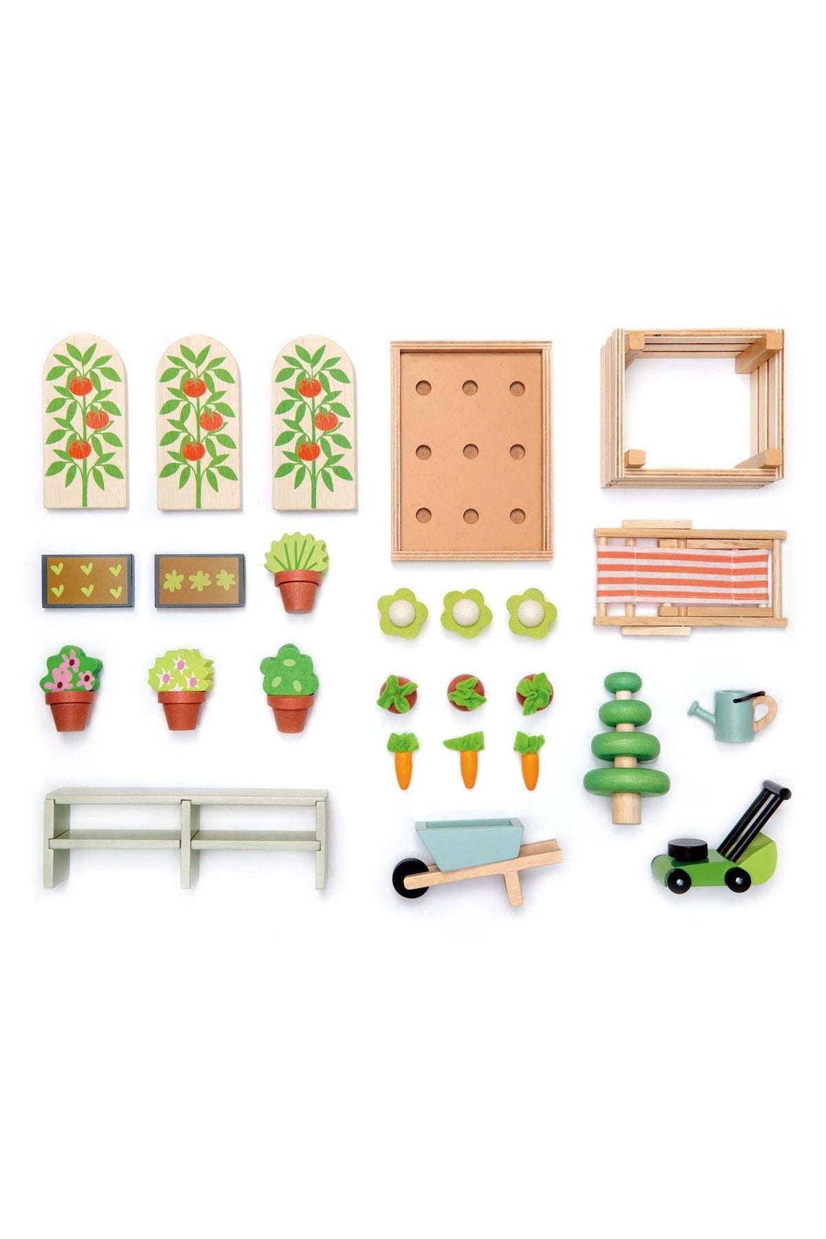 A wooden garden set featuring colorful pots, plants, and gardening tools, designed for imaginative play. The eco-friendly pieces encourage children to explore nature and gardening activities.