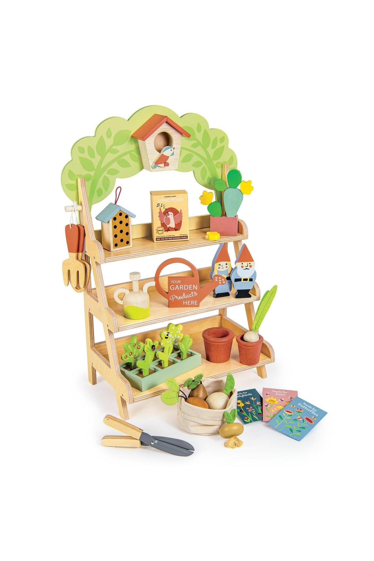 Colorful wooden garden center toy set featuring a multi-tiered stand, accessories like pots, tools, and plants. Ideal for inspiring imaginative play in young gardeners, promoting sustainable play and creativity.