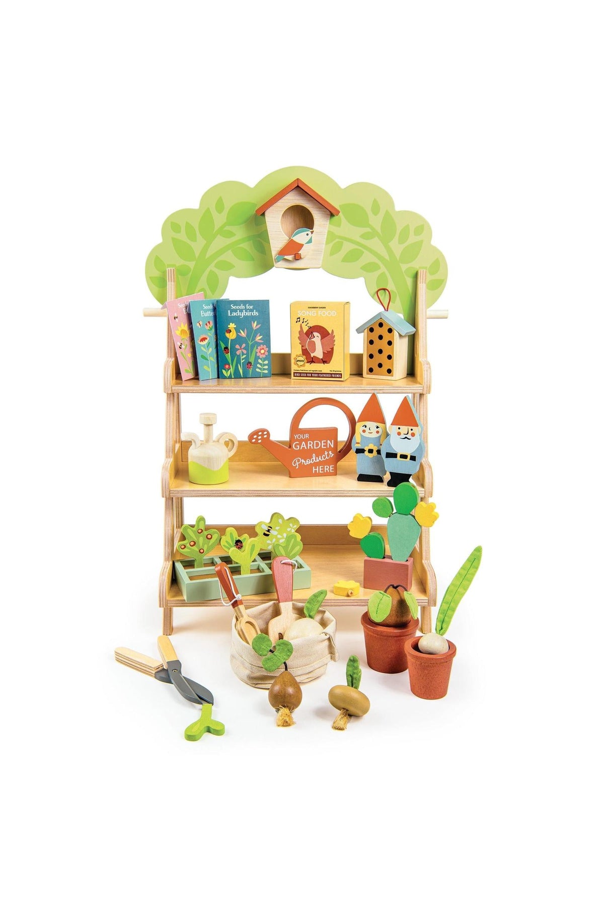A colorful wooden garden center display features three shelves adorned with miniature gardening accessories, including a trowel, pots, and a birdhouse, designed for imaginative play. Perfect for young gardeners.