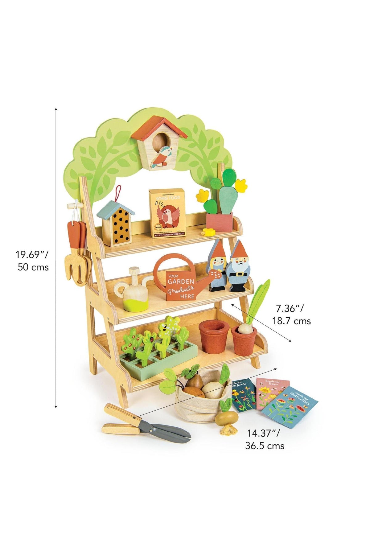 A colorful wooden garden center toy features three shelves displaying various gardening accessories, including pots, tools, and miniature plants. The set promotes imaginative play for young gardeners.