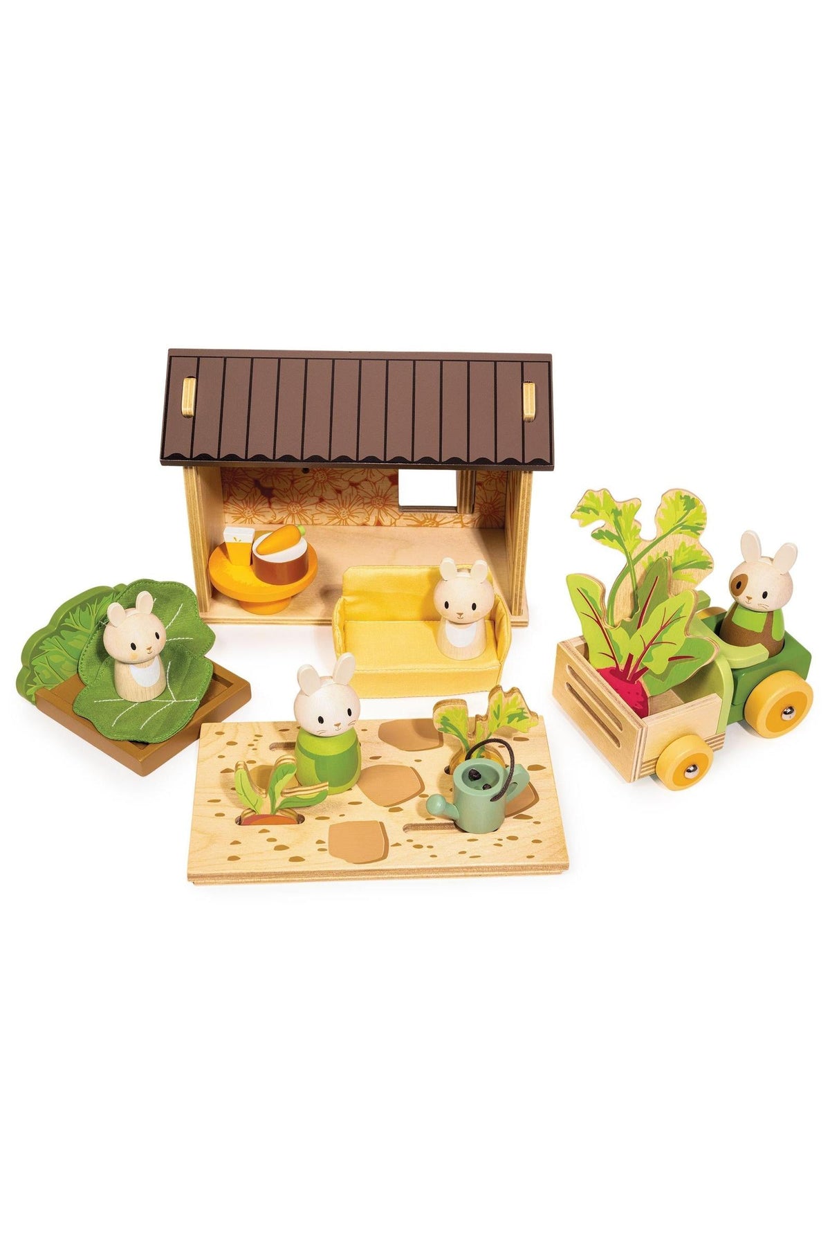 A charming wooden toy set featuring a shed, rabbits, and a vegetable garden, crafted from sustainable materials. Ideal for imaginative play, it encourages children to explore gardening themes.