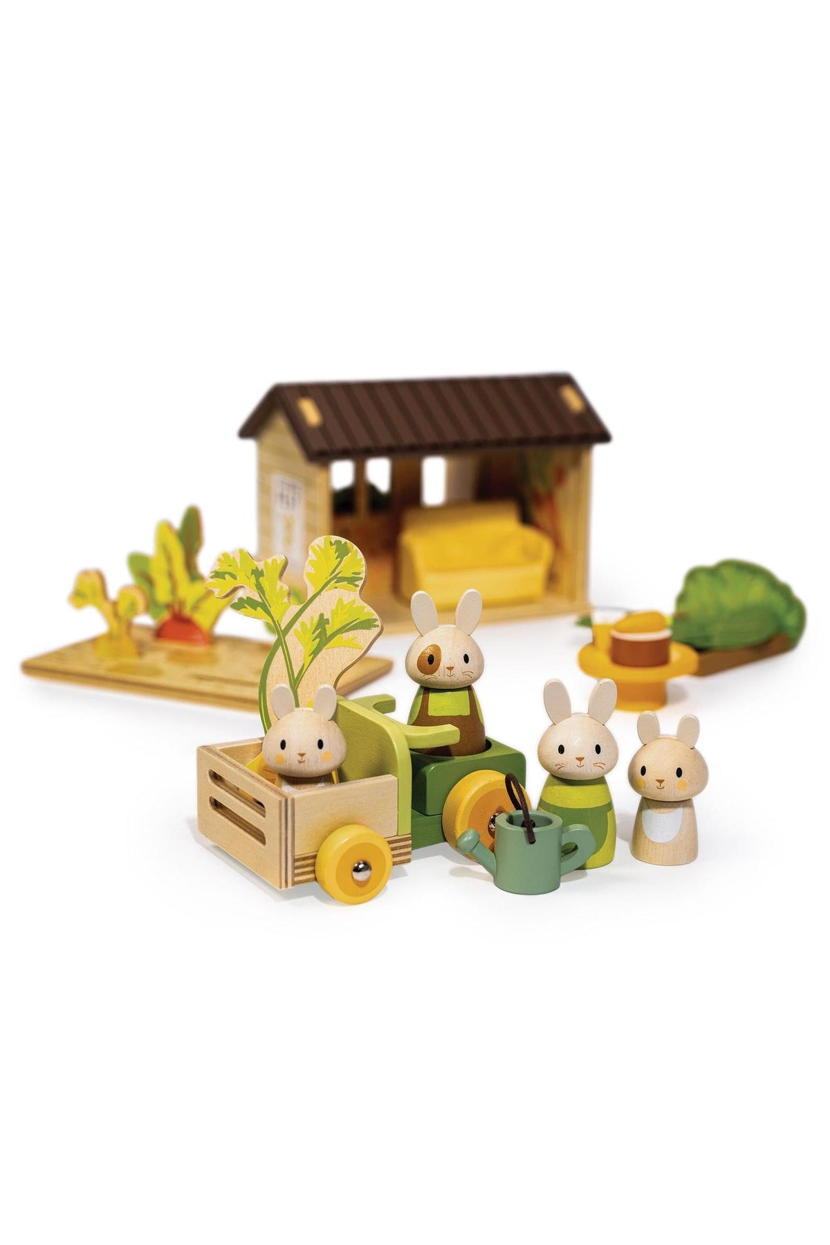 A charming wooden toy set featuring four bunny figures, a tractor with a cart, and a cozy shed. Ideal for imaginative play, it encourages creativity and interaction in young children.