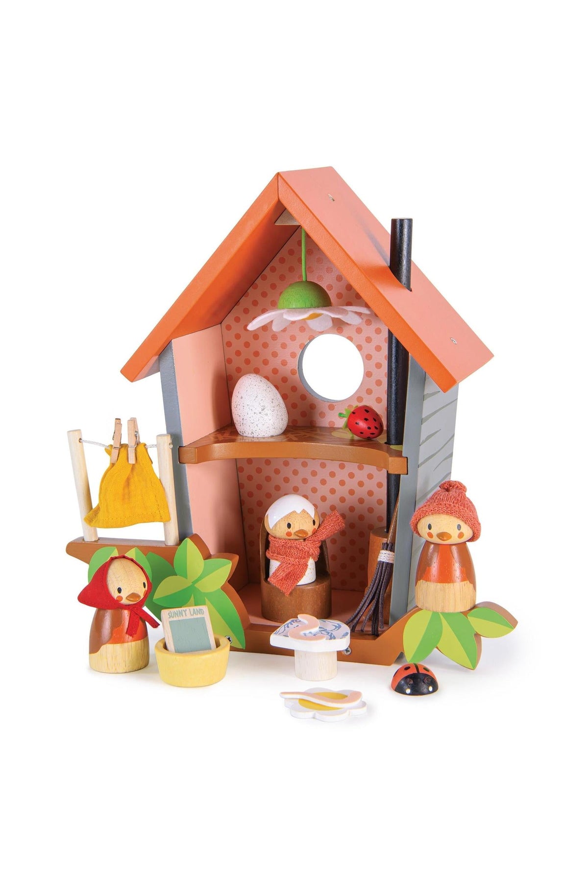 Wooden birdhouse toy set with orange roof, featuring bird figures, an egg, and accessories for imaginative play.
