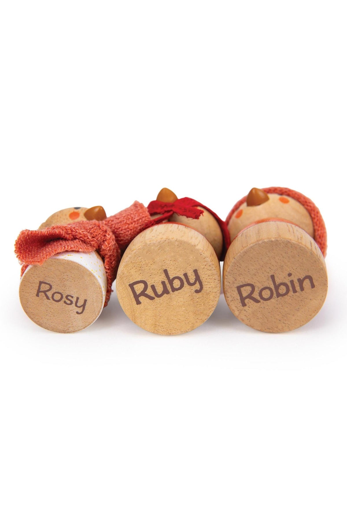 Three wooden toy figures with names Rosy, Ruby, and Robin, featuring orange accents and visible wooden bases.