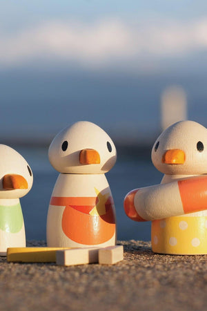 Three colorful wooden seagull figurines stand on a surface, with a scenic background of sky and water.