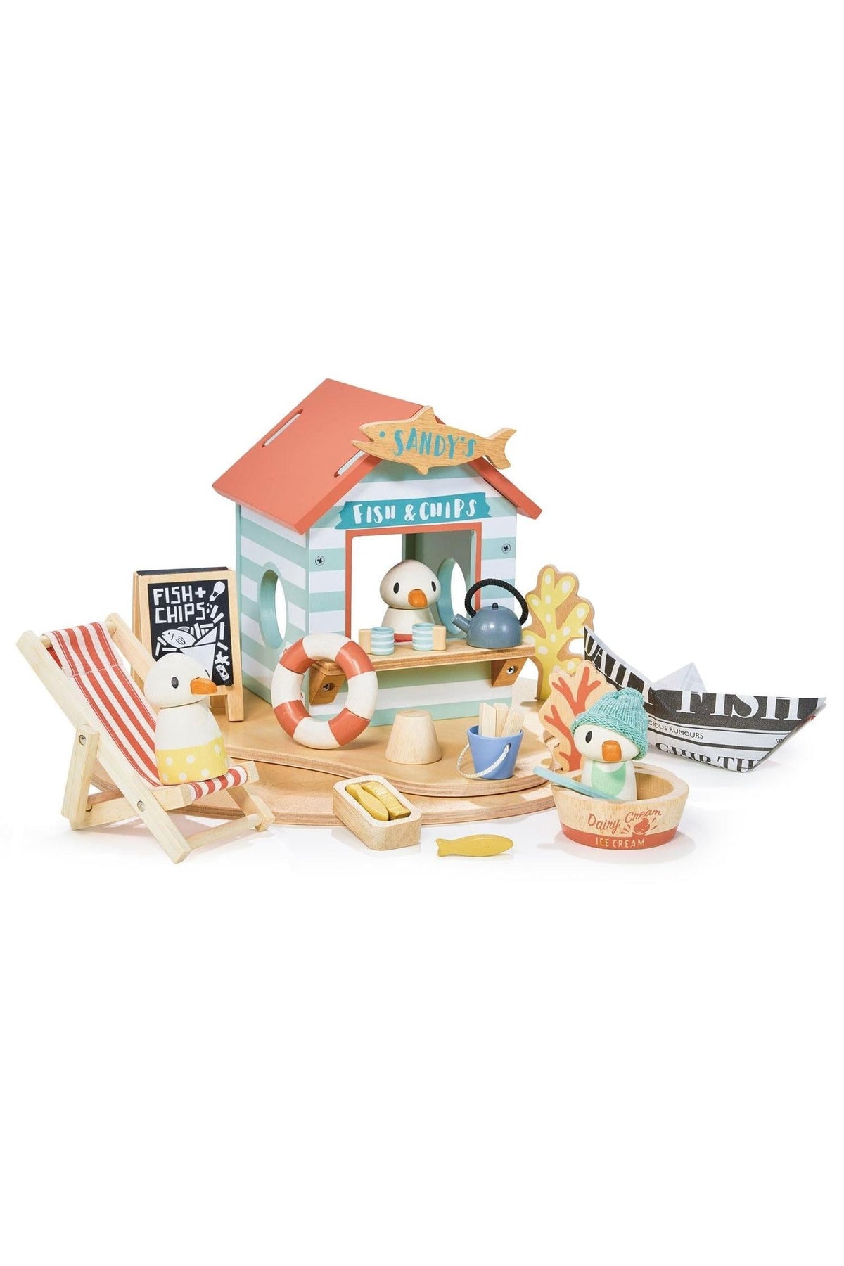 A colorful wooden beach hut toy set features Sandy the seagull, a deck chair, and various food items, promoting imaginative.