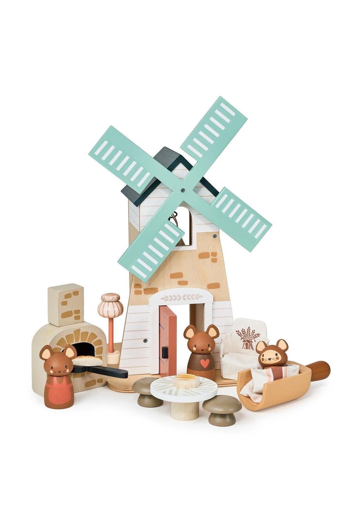 A colorful wooden playset features a mint green windmill, three adorable field mice figurines, and a cozy cottage with a fireplace. This eco-friendly toy promotes imaginative play for young children.