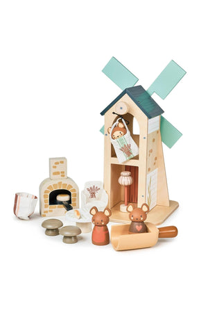 A colorful wooden playset featuring a two-story windmill, three charming field mice, a small oven, and various accessories. Made from sustainable materials, perfect for imaginative play.
