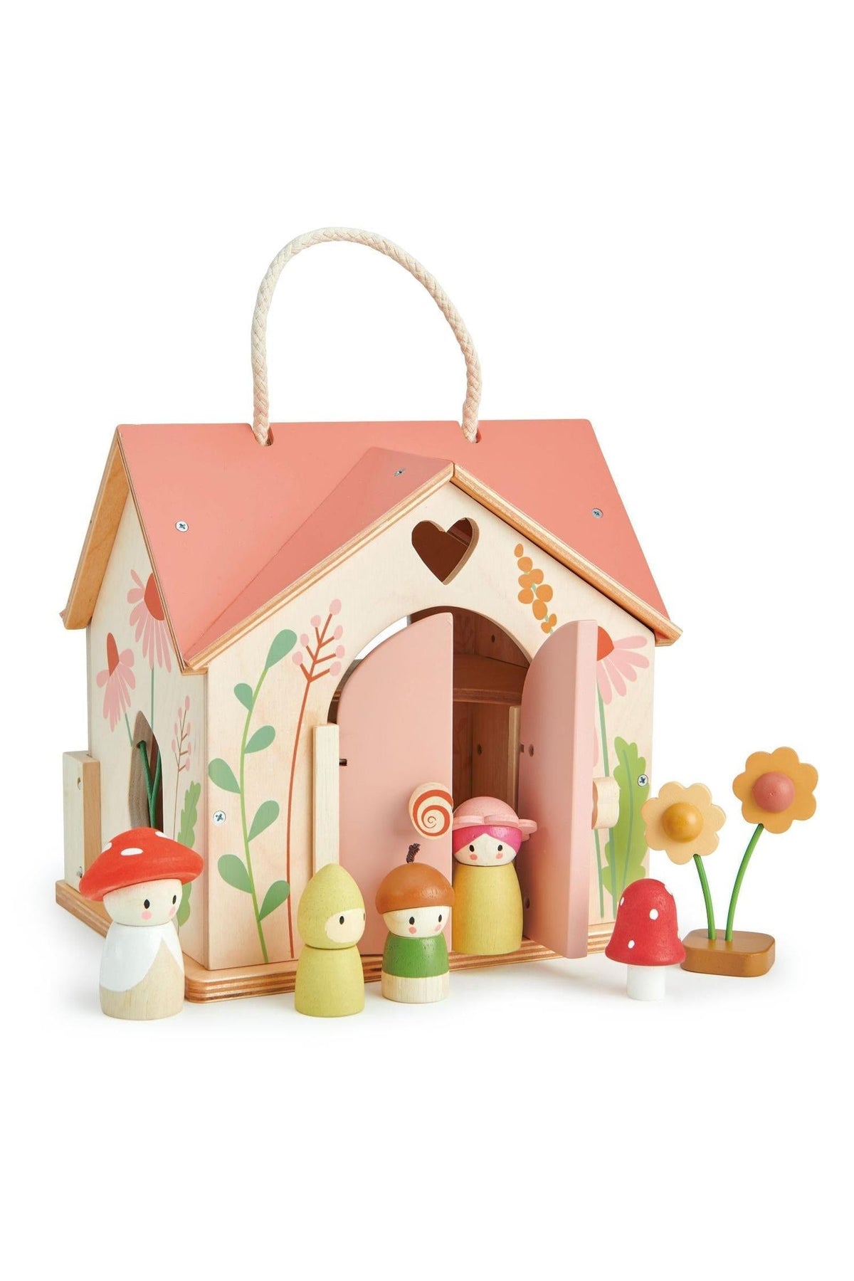 A wooden playhouse with a rose-colored roof features floral designs, an opening door, and colorful mushroom and character figures.