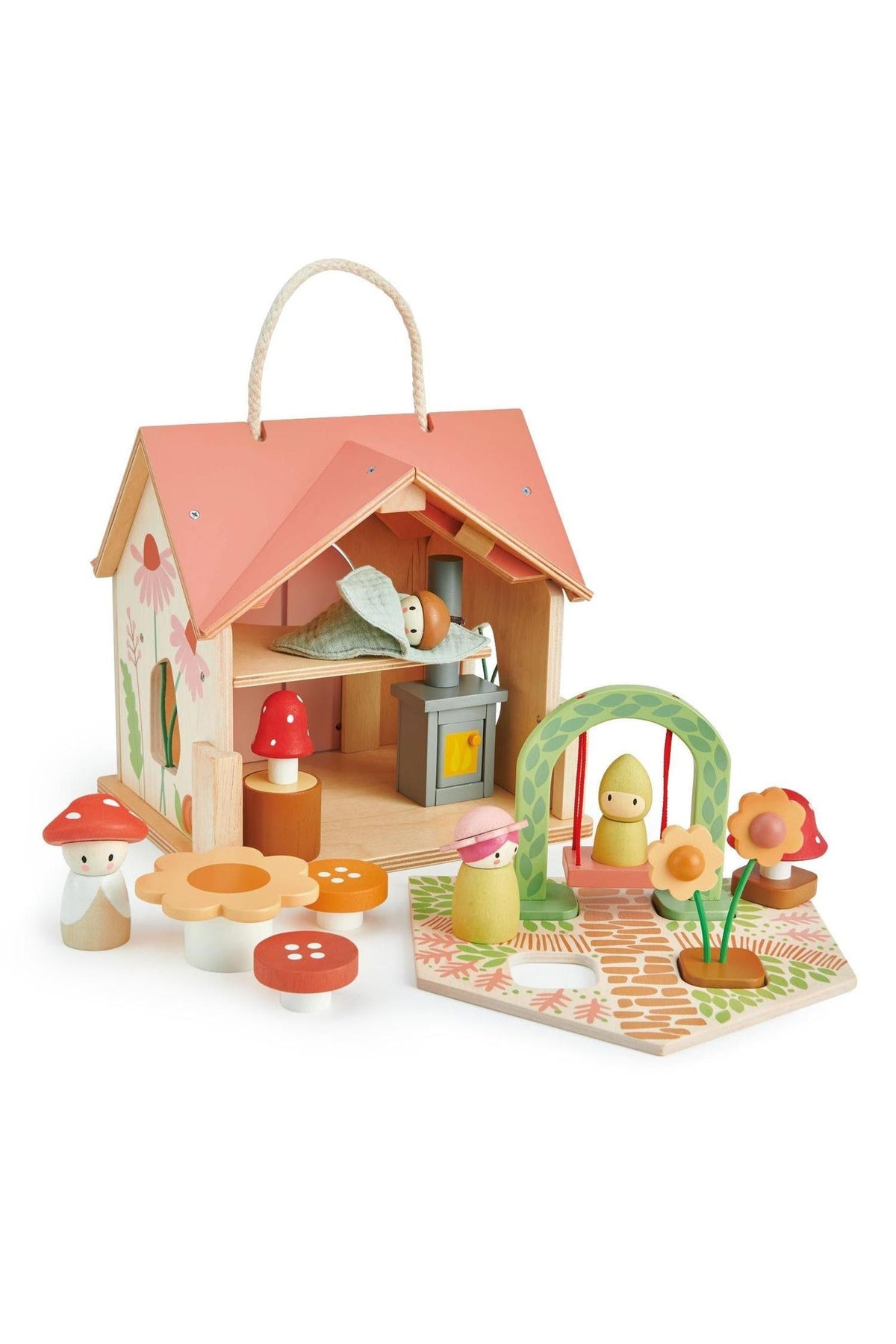 A colorful wooden playhouse with a pink gabled roof, featuring mushrooms, flowers, and a removable back panel for imaginative play.