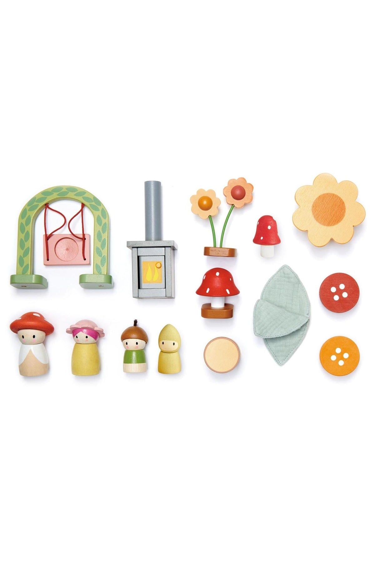 Colorful wooden play figures and accessories, including flowers, mushrooms, and a lantern, designed for imaginative play and sustainable fun.