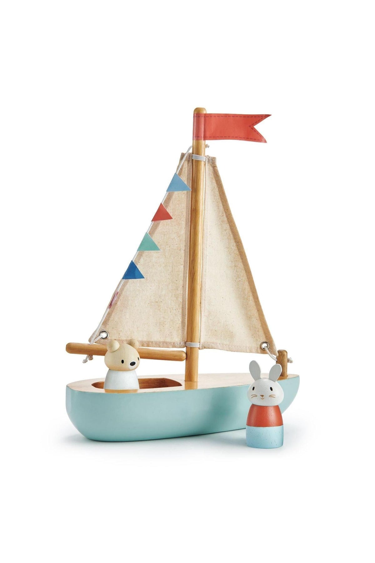 A colorful wooden sailing boat features two adorable animal figures and fabric sails, ideal for imaginative play.