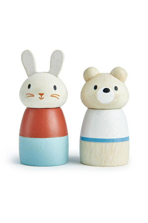 A wooden rabbit and bear figurine, crafted in soft pastel colors, feature friendly faces and rounded shapes, ideal for imaginative.