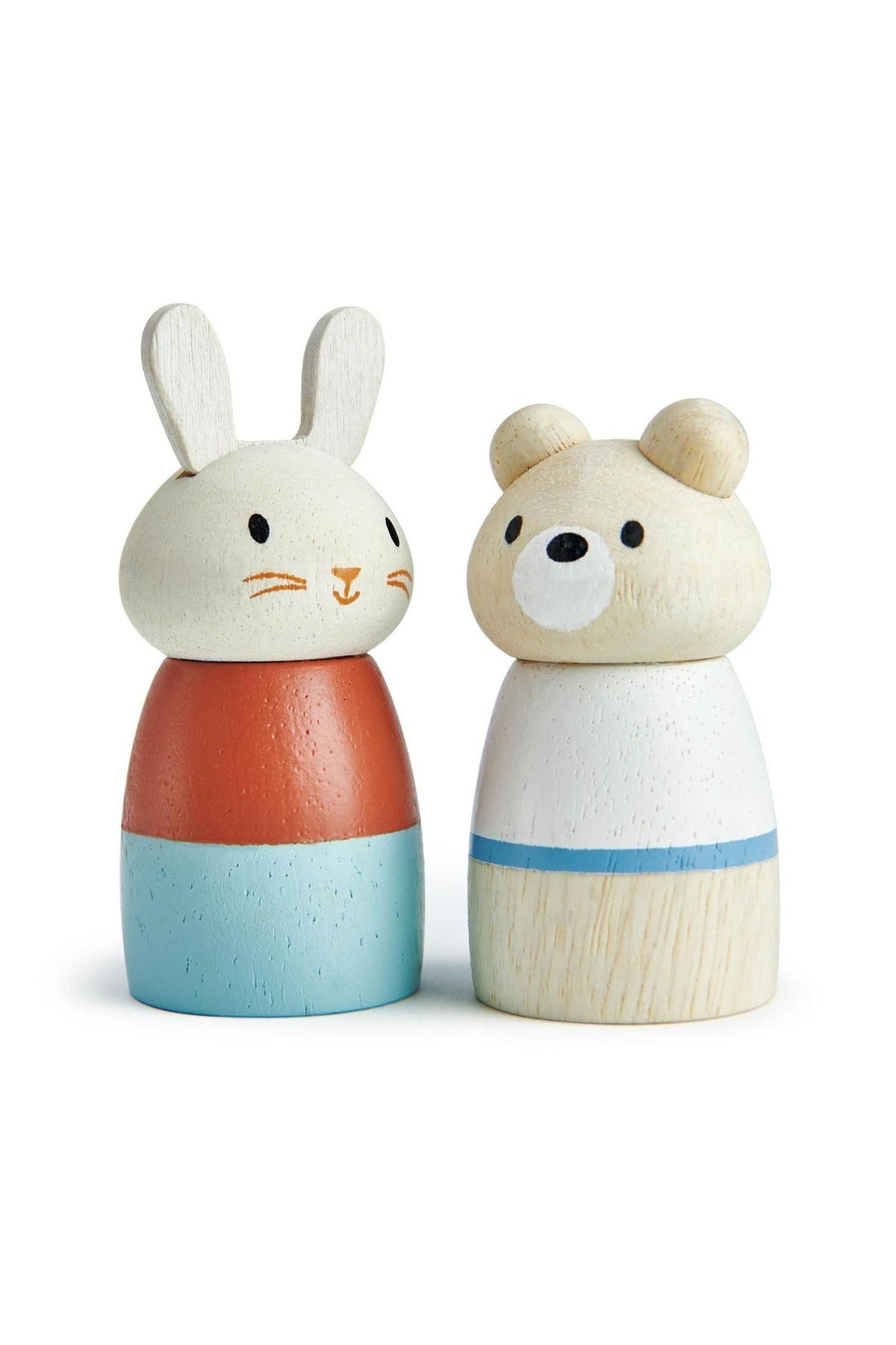 Wooden animal figures featuring a rabbit and a bear, crafted from sustainable materials with charming painted details.