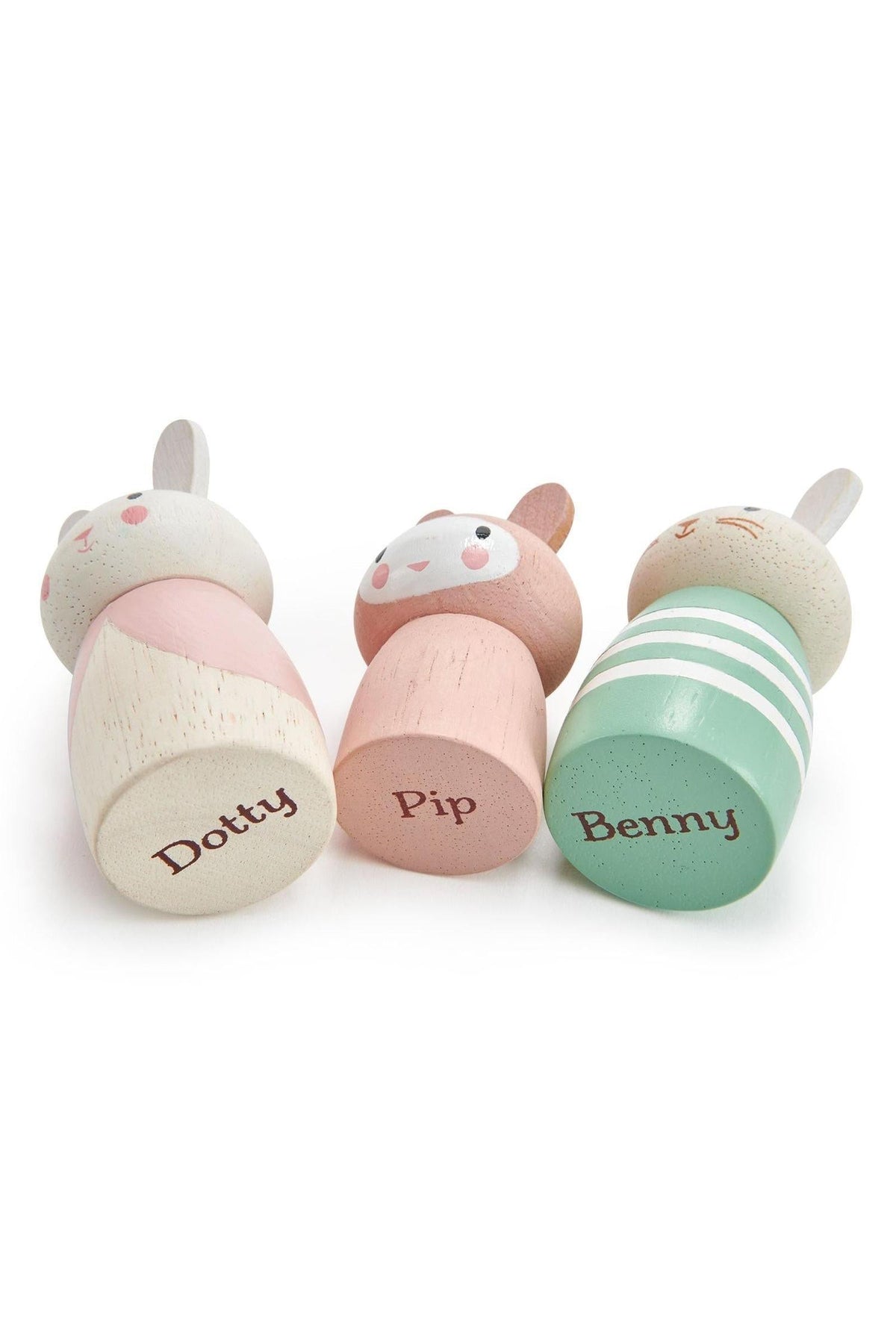 Three wooden bunnies from Tender Leaf Toys Merrywood Friends Collection, featuring Dotty, Pip, and Benny in pastel colors.