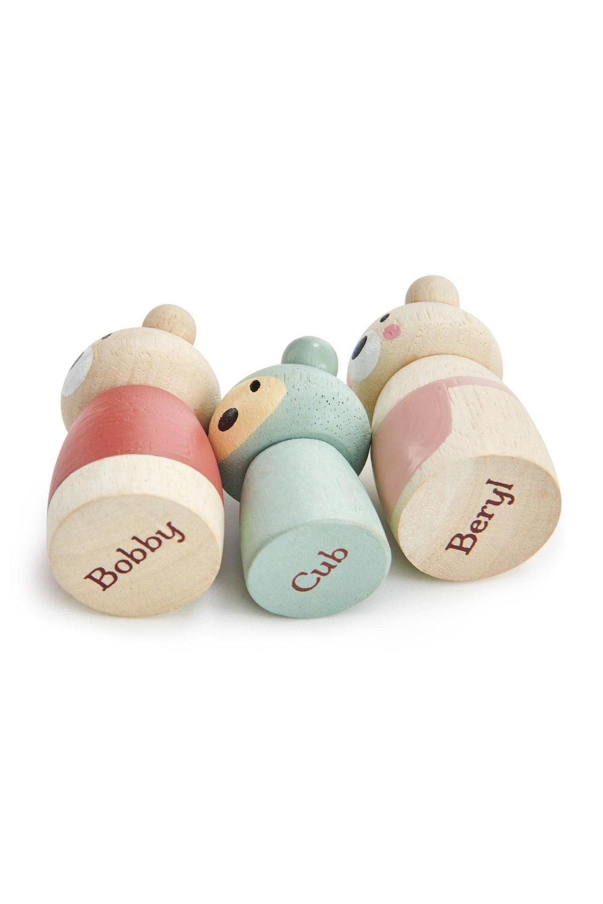 A wooden toy bear family featuring Bobby, Beryl, and Cub, crafted from sustainable materials and designed for imaginative play.