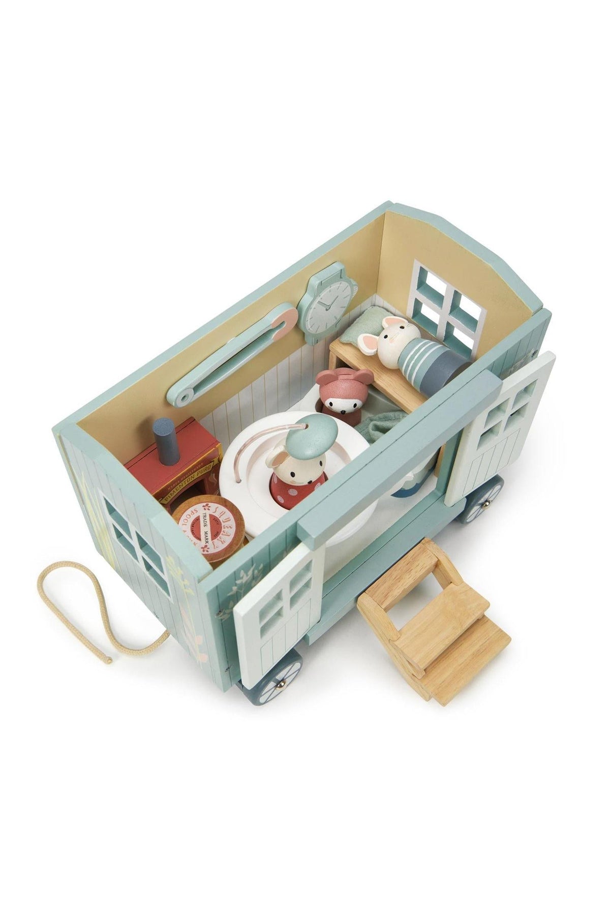 A colorful wooden shepherds hut toy features playful details like a teacup shower and thread spool chairs, designed for imaginative play. Ideal for eco-conscious families, it encourages creativity in children.