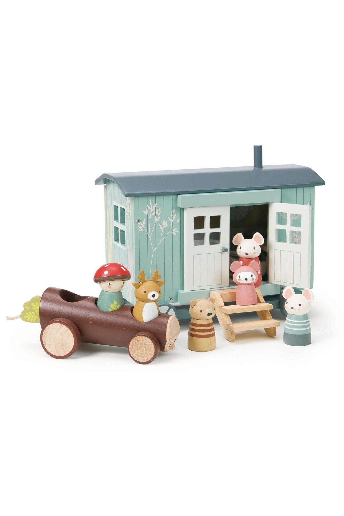 A colorful wooden shepherd’s hut features charming animal figures and a log toy. Crafted from sustainable materials, this imaginative playset encourages creative storytelling for young children.