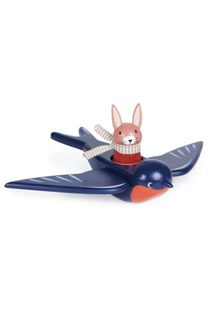 A wooden toy featuring a blue bird with a pink bunny figurine wearing a striped scarf, promoting imaginative play.